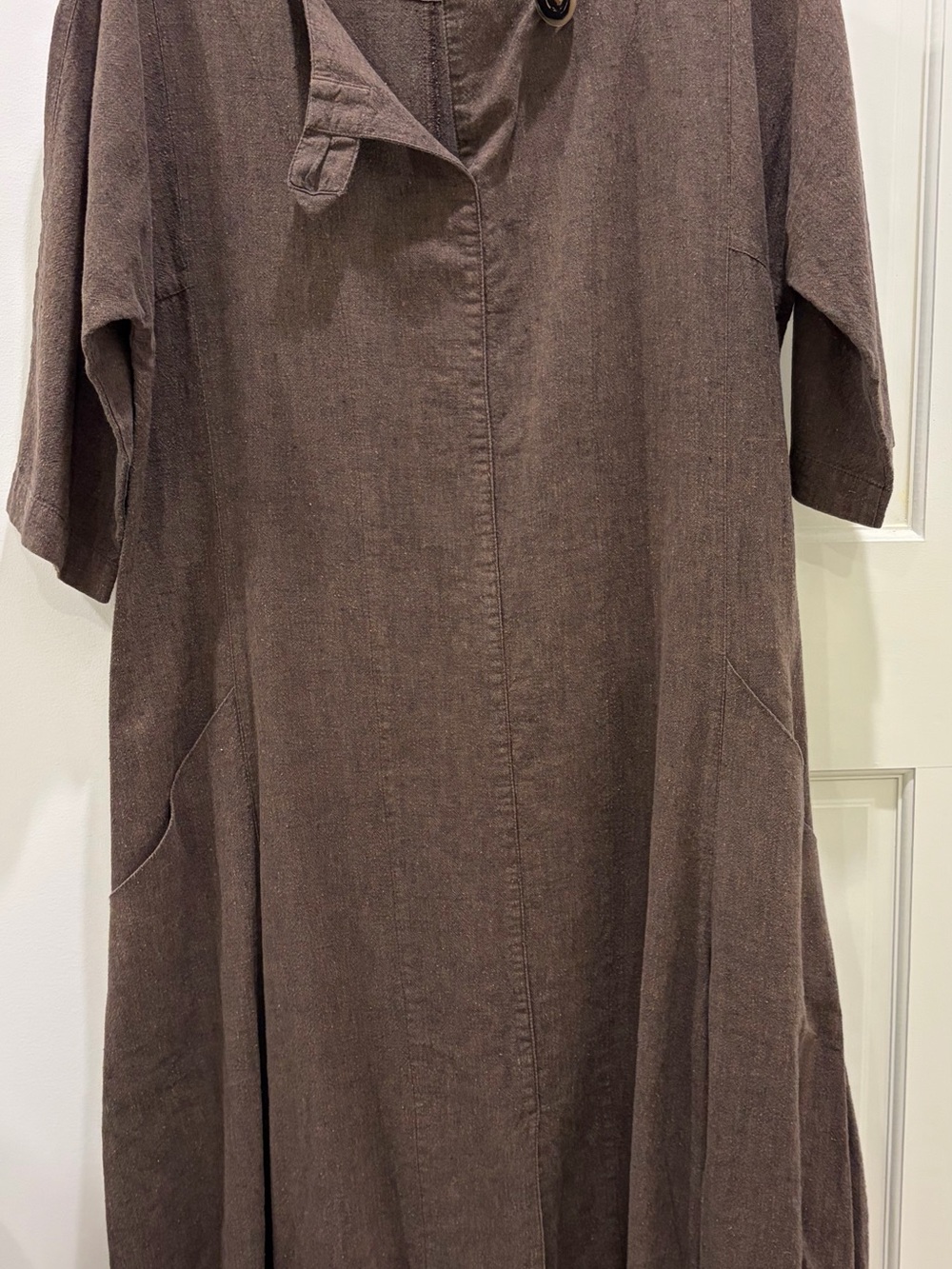 Brown Linen-Blend Casual Midi Dress